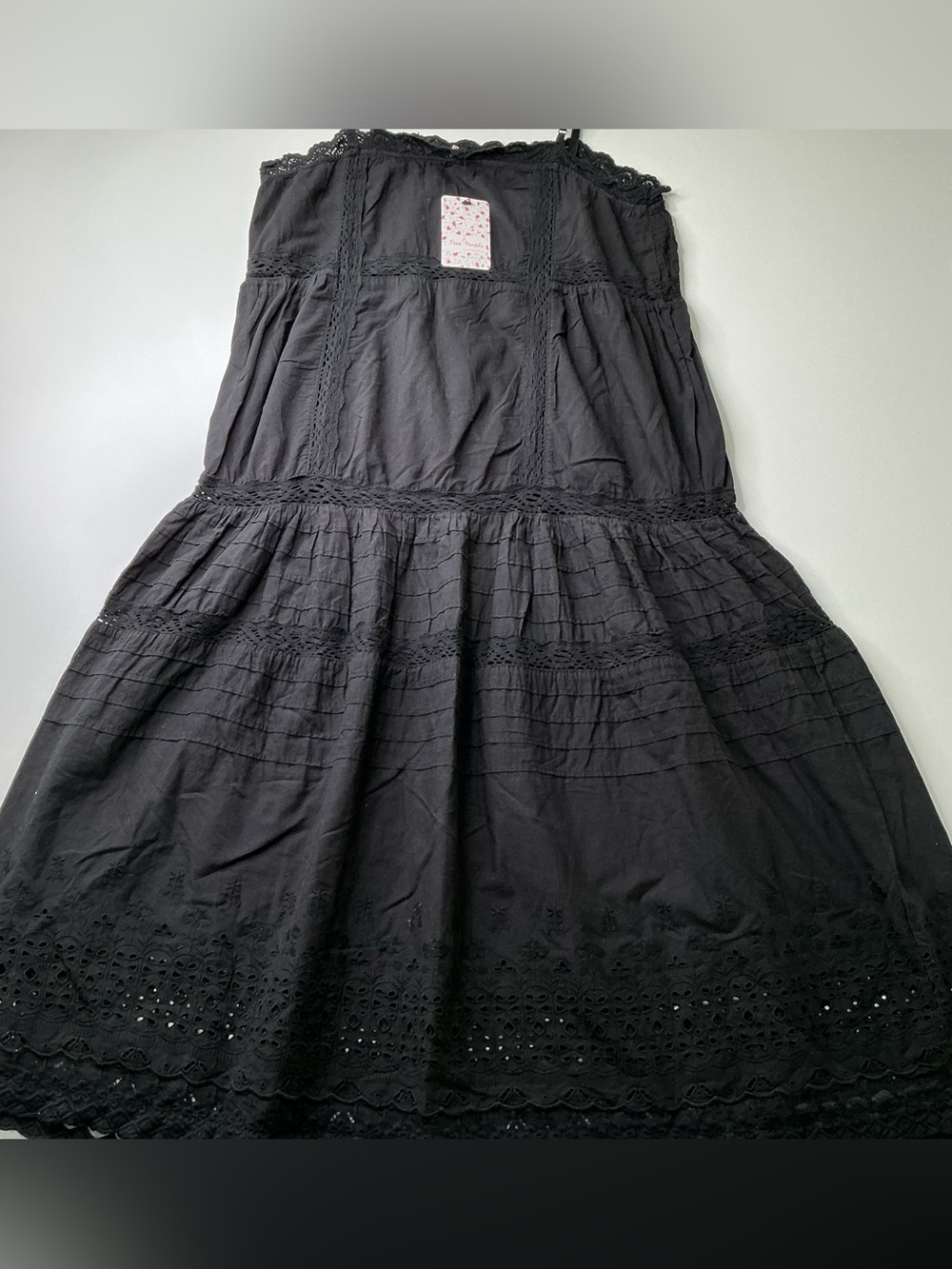 Free People Midi Dress Sundress Black Cotton Eyelet Tiered Size M Boho Twist New